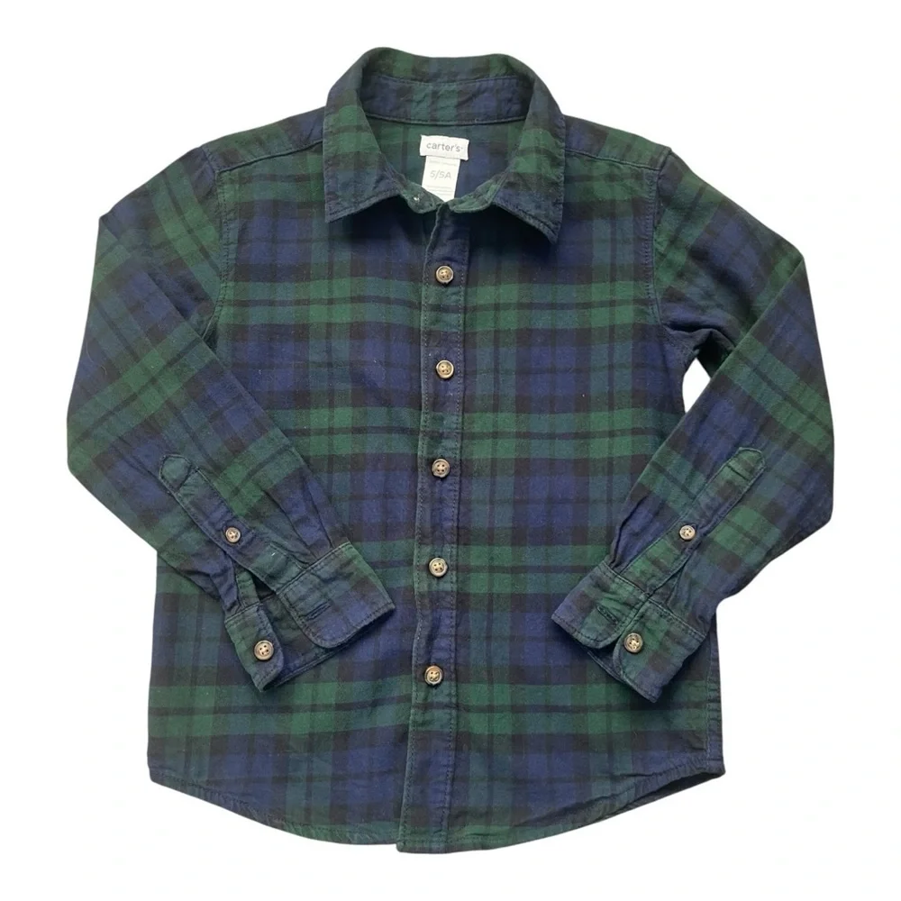Carter’s casual school play plaid Boy 5/5A shirt button down green navy blue